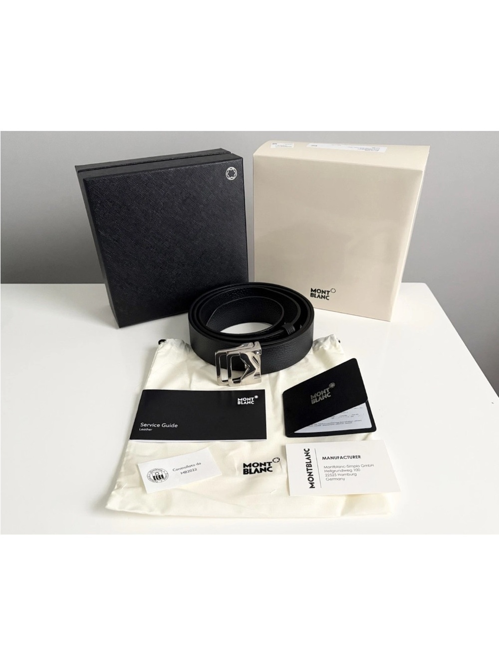 Authentic Montblanc M Buckle Double Ring Dark Blue Black Sfumato Leather Belt